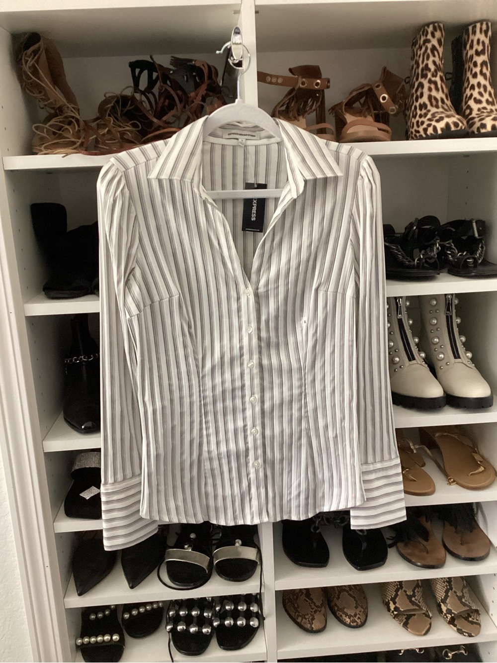 Express Women's White and Black Vertical Stripe Button-Down Shirt
